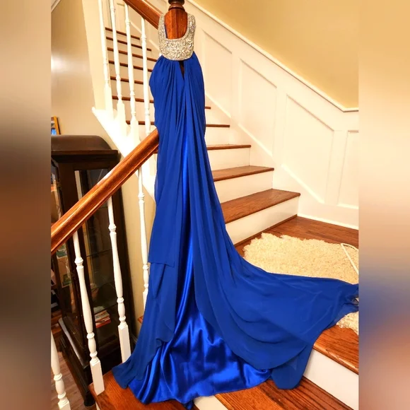 Chiffon-Satin Evening Gown Celebrity Style Formal Dress With Beading Rhinestone | Color: Blue | Size: 6 | Yep4less's Closet